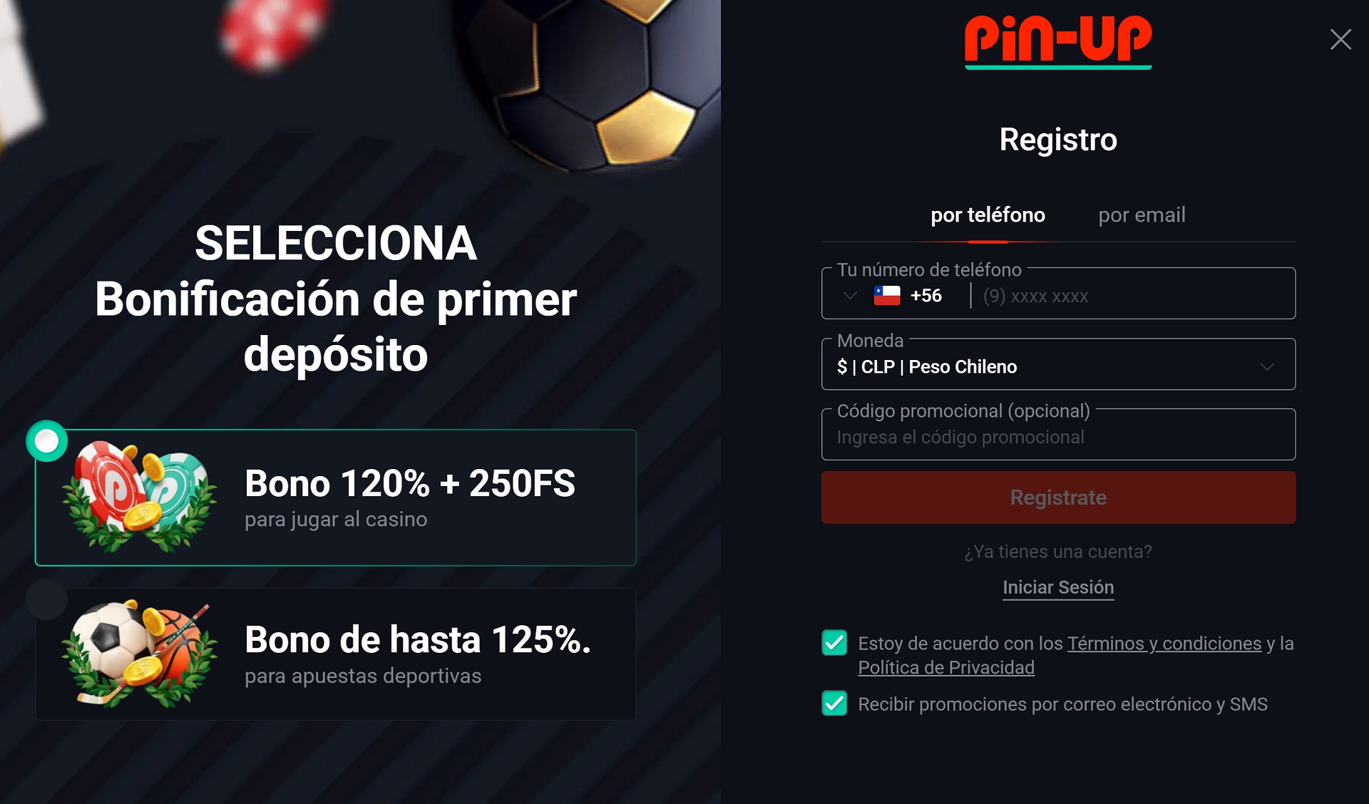 Formulario de registro en Pin-Up Chile - Crea tu cuenta y empieza a jugar